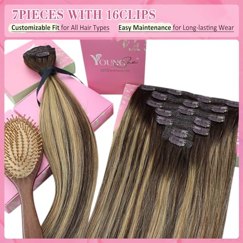 Image of YoungSee 150G Clip in Hair Extensions Human Hair Balayage Brown Hair Extensions Clip ins, Easy to Wear Clip in Extension Real Human Hair for Women Balayage Dark Brown Mix Caramel Blonde 24 Inch 7pcs
