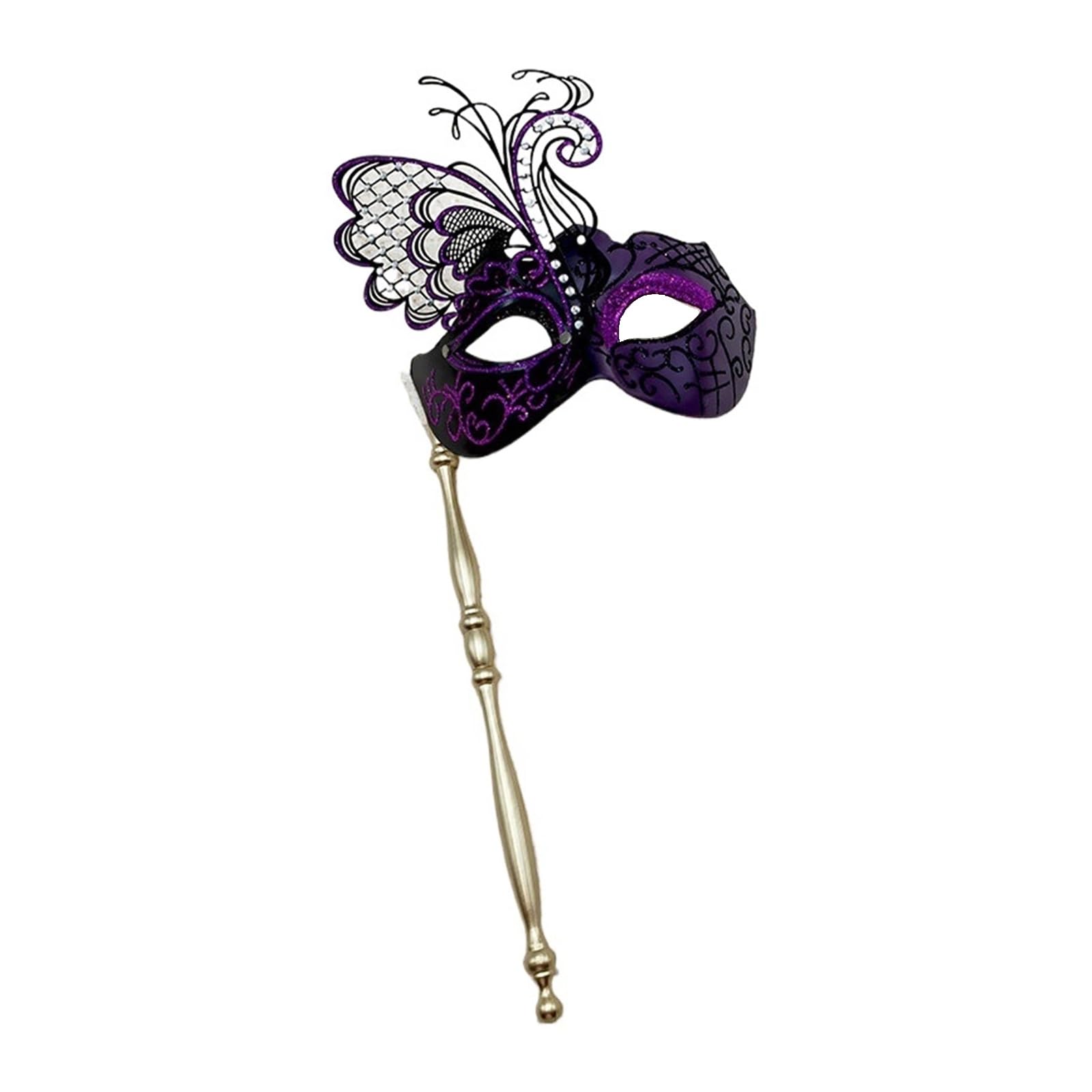 MLYPRU Masquerade Ball Masks, Portable Masquerade Mask with Stick for Women & Couples, Mysterious Mardi Gras Mask Venetian Halloween(Purple)