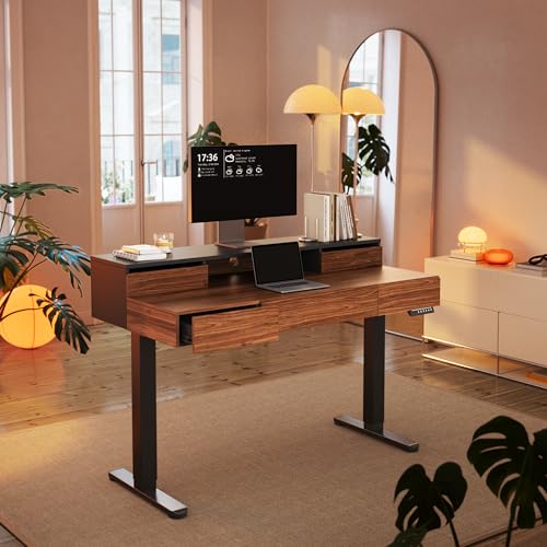 Image of HUANUO Standing Desk with Drawers, 48 Inches Electric Height Adjustable Desk with Storage, Whole-Piece Board Sit Stand Up Desk with Monitor Shelf, Black Walnut