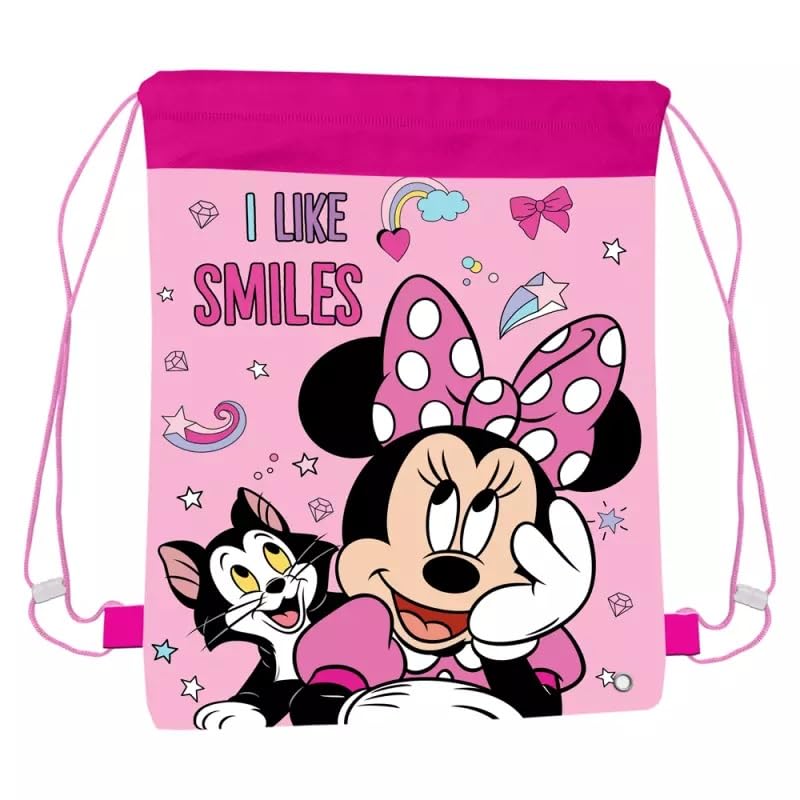 GIFTIDEAZZ Kids Character Design Drawstring Bags โ Perfect for PE, Sports & School | Fun and Durable Gym Sack for Boys & Girls (Minnie Mouse I Like Smiles Drawstring Bag) โ image 1