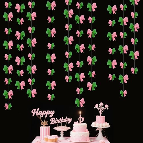 Image of 6PCS Pink and Green Party Decorations 3D Green Pink Conquette Bow Garland Witch Party Decorations Double Layer Bow Banner Streamers for Girls Witch Kids Wizard Birthday Baby Shower Decor Supplies