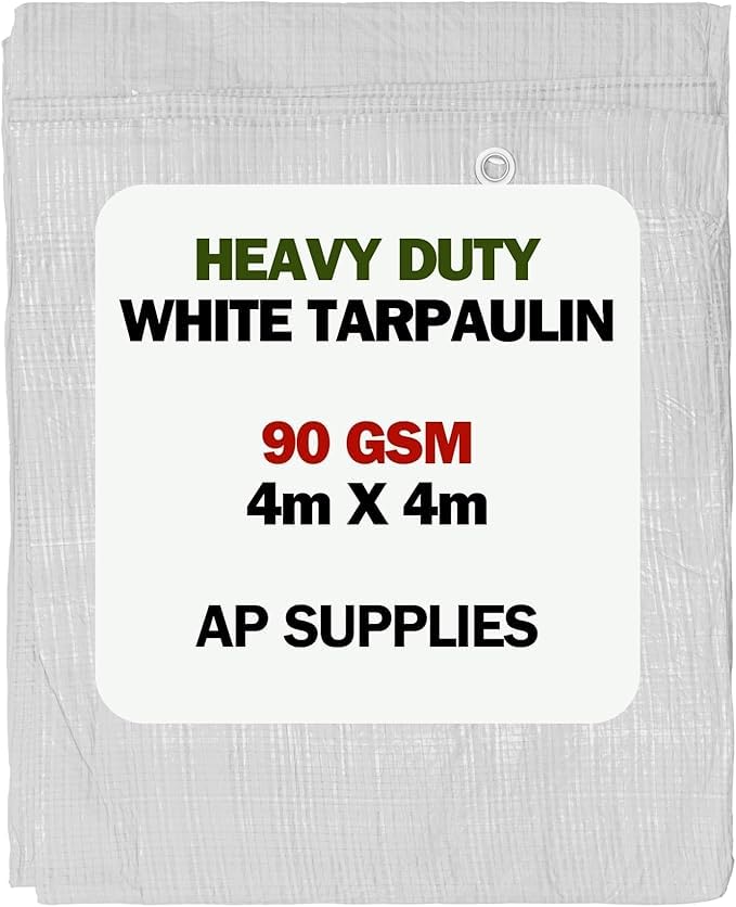 AP Supplies 90gsm M-Grade White Tarpaulin 4m x 4m – Waterproof, UV & Weather Resistant Sheet Cover for Camping, Construction, Gardening & Equipment Protection