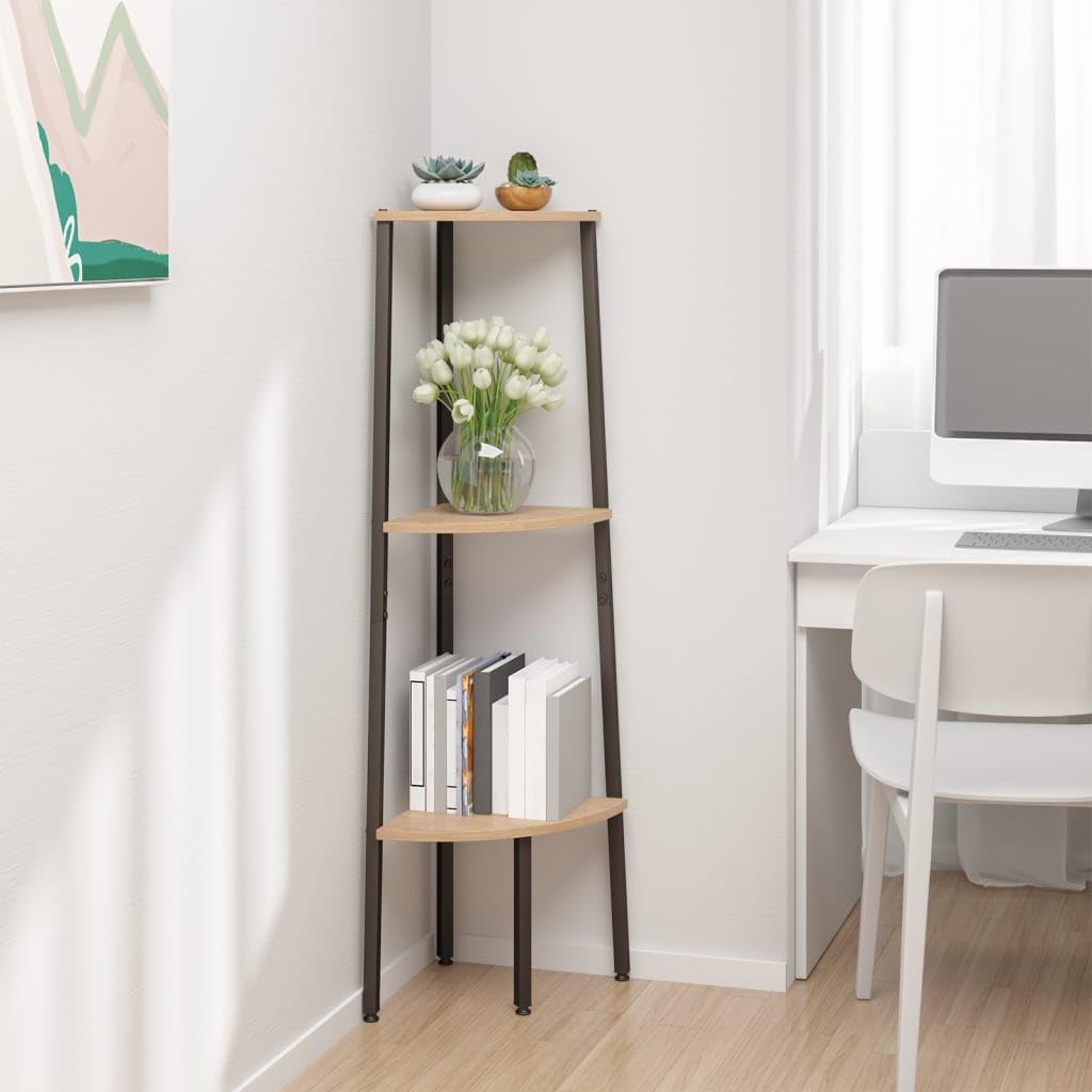 Eckregal mit 3 Ablagen Standregal für Wohnzimmer Büro Flur, Bücherregal aus Holzwerkstoff und Stahl, schmales Nischenregal Hellbraun Schwarz, 45,5 x 31,5 x 120 cm