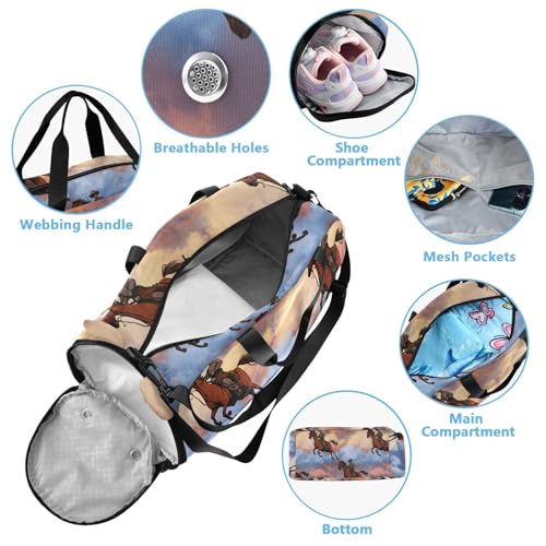 Cowboy on Horseback Kids Duffle Bag,Sports Gym Bag with Shoe Compartment Travel Duffel Bags for Boys and Girls4