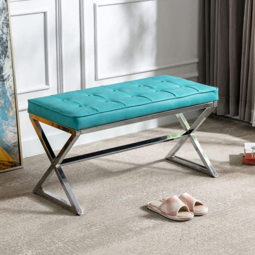 Wahson Banc d'entree en Cuir PU Banc de lit Banquette Capitonnée avec Base en Métal pour Couloir Chambre Coiffeuse Salon,Bleu