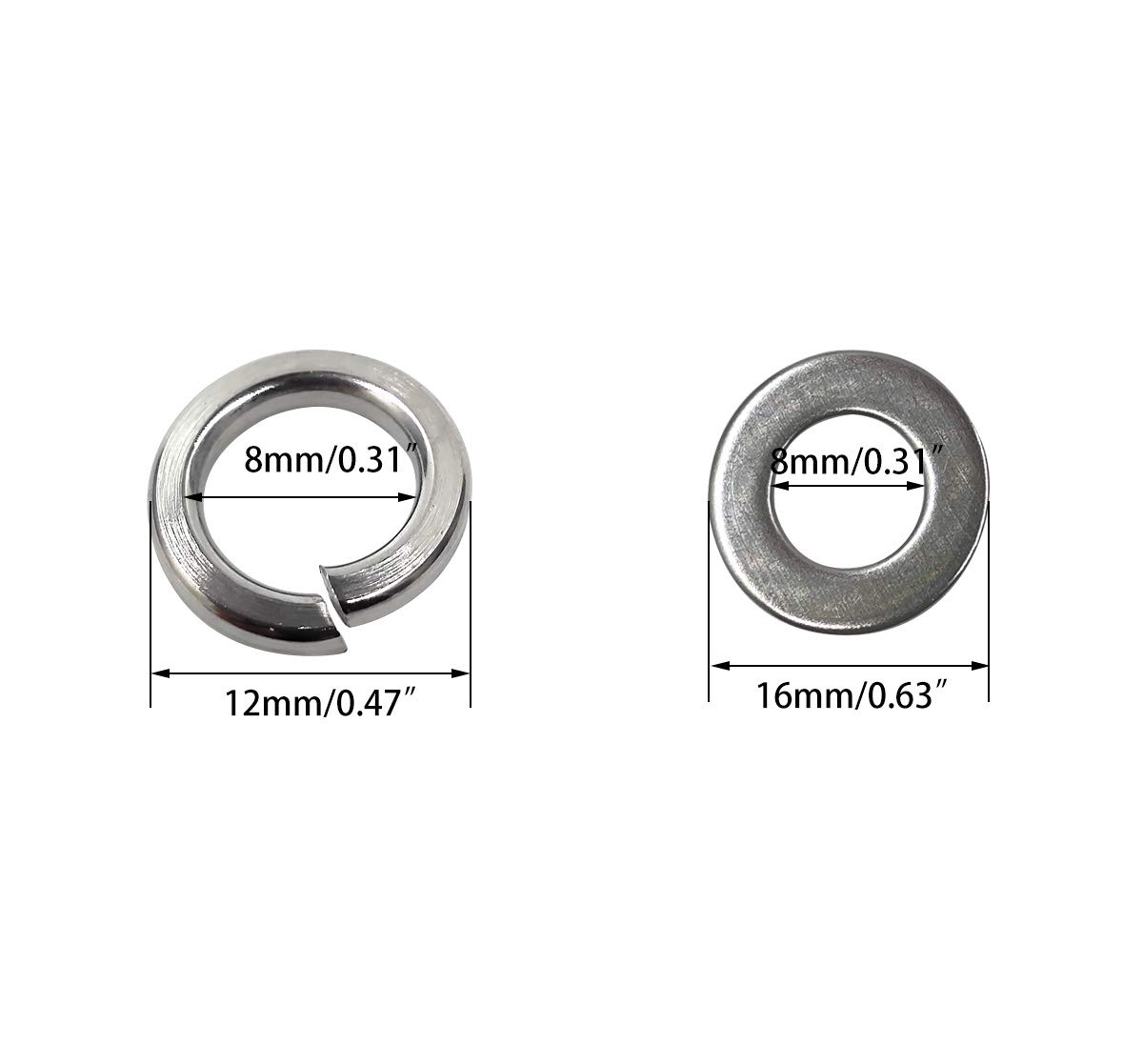 M8 304 Stainless Steel Flat Washer and Split Spring Lock Washer Assortment Set, 100Sets /Pack