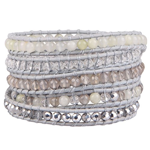 Kelitch Agate Crystal Mxi Beaded On Gray Leather 5 Wrap Bracelet Handmade Cuff Bracelet New Jewelry #TOP21