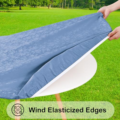 Image of Smiry Waterproof Heavy Duty Vinyl Fitted Tablecloth for 36 inch-44 inch Round Table | Elastic Plastic Table Cloth, Wipeable Washable Floral Patio Table Cover for Picnic, Kitchen and Dining, Haze Blue