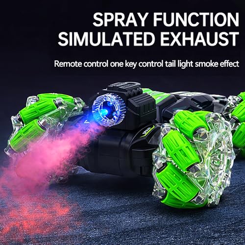 Image of VGRASSP Dual Control Twisting Drift Stunt Mist Car Toy for Kids with Remote Control and Gesture Wrist Controller - Rechargeable 360 Rotating Smoke RC Car Toy with LED Lights, Sound Effects - Green