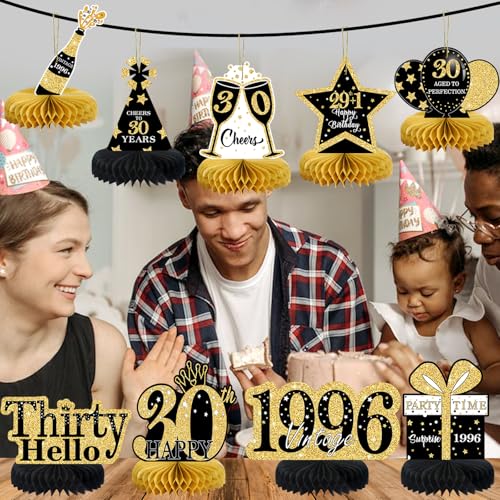 Image of 9 Pcs 30th Birthday Decorations Honeycomb Centerpieces for Women Men, Black Gold 1996 Aged to Perfection Vintage Centerpieces for Tables Toppers,Thirty Years Party Decorations Supplies
