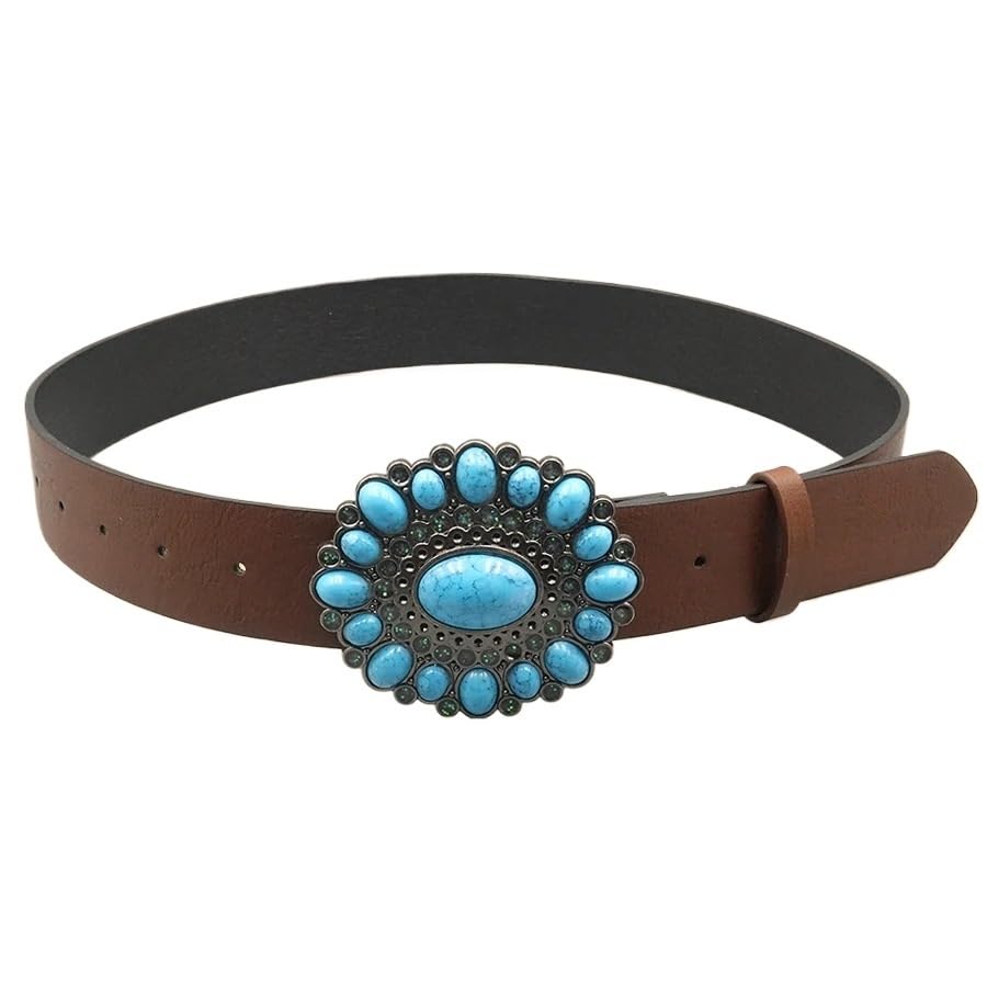Ceinture bouclée pierre précieuse soleil et cuir marron femme