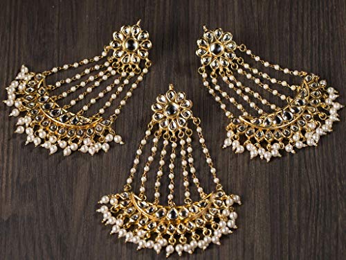 Image of Kundan Pearl Gold Platted Long jhumar Wedding Passa maang Tikka and Earrings Set for Women Girls