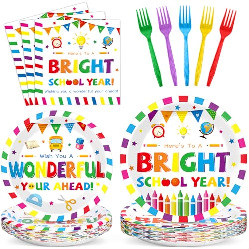 Image of 100PCS Back To School Decorations School Season Supplies Paper Plates Napkins Disposable White Bottom Colorful Pattern Tableware Dinnerware for Student Birthday Picnic First Day of School Serves 25