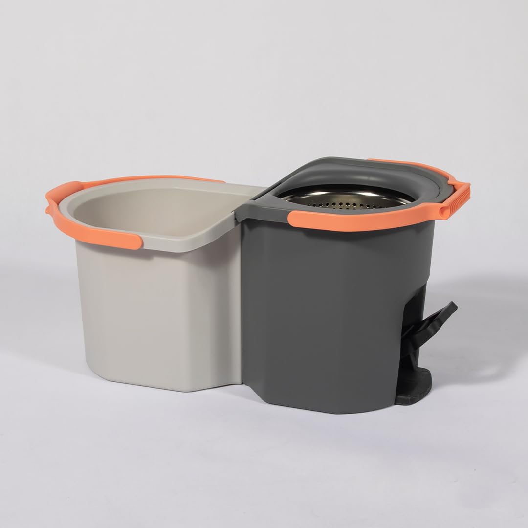 TurboClim Duo. Cubo de Fregar Giratorio con Pedal. Doble Cubo Que Separa Agua Limpia y Sucia. Escurridor Giratorio de Acero Inoxidable. Apilable Ocupa Poco Espacio. Fregona Triangular + 2 recambios