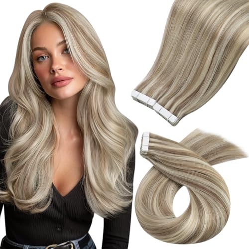 Image of Moresoo Tape in Extensions Real Human Hair Beige Blonde 14in 40pcs 100g | Tape hair extensions, thick 40pcs set, soft blonde dimension, fuller body for blowouts and bridal styling