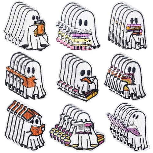 Janinka 45 Pcs Halloween Ghost Reading Book Patches Funny Ghost Book Readers Embroidered Sew on Patches Halloween Embroidery DIY Accessory for Clothes Pants Hats Jeans