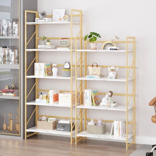 Image of JSB 4 Tier No Assembly Folding Bookshelf, Foldable Storage Bookcase for Home Office, Space-Saving Storage Shelf for Living Room, Bedroom, Office (White&Gold)