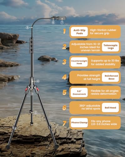 Image of CAMBOFOTO 84 inch Phone Tripod, Tall Tripod Stand for Selfies with Flexible Gooseneck & Remote, Compatible with iPhone Android, Travel /Gopro /Ring Light /Webcam /Video Recording /Vlogging