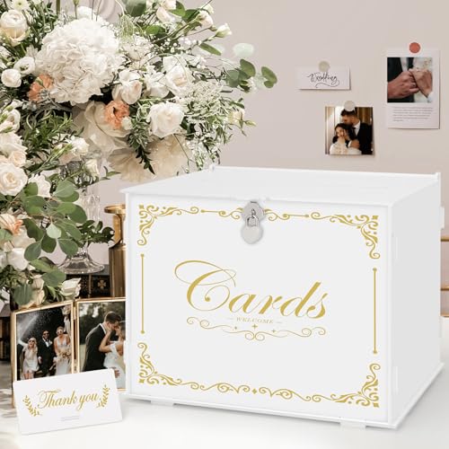 Benjia - Caja de sobres para tarjetas de boda de acrílico, Hucha, urna boda campetre con cerradura y ranura para recepción, cumpleaños, baby shower (blanco)