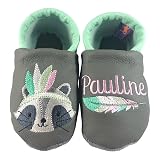Personalisierte Krabbelschuhe Lederpuschen mit Boho-Waschbär & Name | grau/Mint | Lauflernschuhe Baby | Handgemacht in Paderborn | Geschenk (EU Schuhgrößensystem, Baby, Numerisch, M, 21)