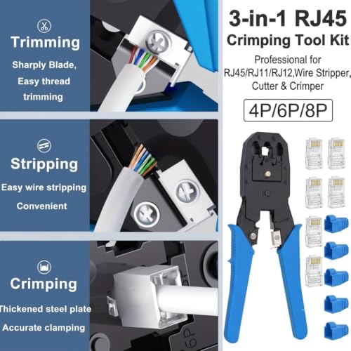 Image of 3-in-1 RJ45 Crimping Tool Kit - Wire Stripper, Cutter & Crimper for RJ45, RJ11, RJ12, Cat5e /Cat6 LAN Cable with 5 Connectors & 5 Boot Covers - Blue /Green