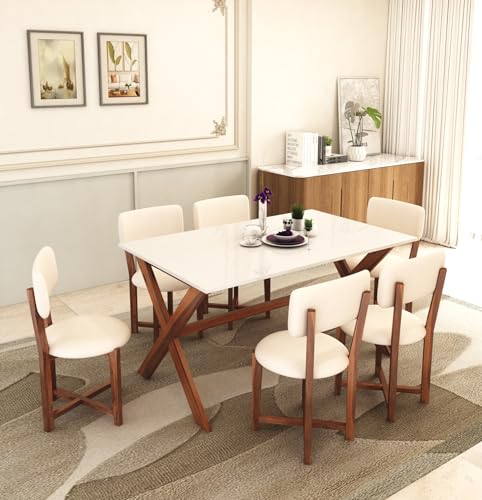 Image of MURALICRAFT Sheesham Wood 57 inch Dining Table 6 Seater | Marble Finish Six Seater Dinning Table Set with 6 Upholstered Dining Chairs | Table Top: Premium HDMR Wood | Chair: Round Edge | White & Honey