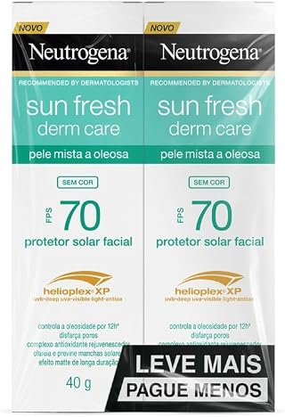 Protetor Solar Facial Neutrogena Sun Fresh, Sem Cor, FPS 70, 2 Unidades 40g | Derm Care, Pele Oleosa, Oil Control, Resistente à Água
