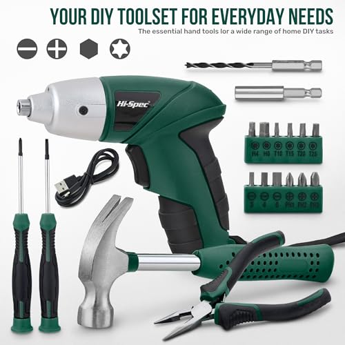 Image of Hi-Spec Cordless Electric Screwdriver, Power Screw Driver Set with Pink Compact Tool Kit for Small Repair and Maintenance- Ideal Housewarming Gift,19 Piece (Green)