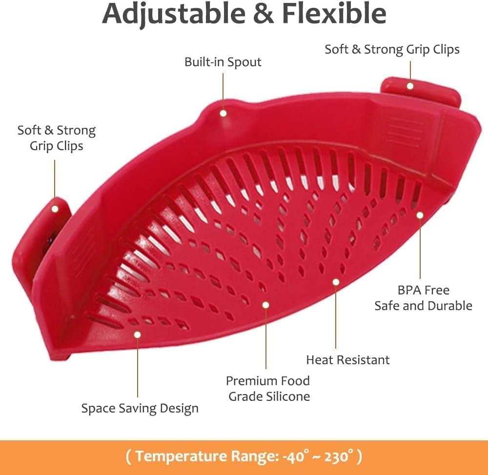 Filtro A Clip Per Pentole In Silicone E Acciaio Inox, Regolabile, Resistente Al Calore (230°C), Lavabile, Rosso - 4