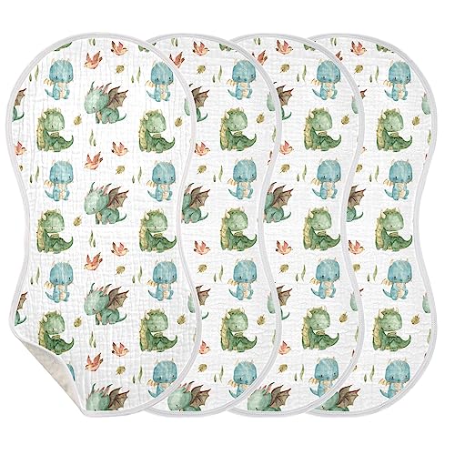 Image of Burbuja Cute Dragon Muslin Baby Burp Cloths, Soft & Absorbent Cotton Burping Rags for Newborn Boys & Girls, 4 Pack