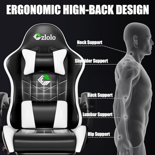 Image of Czlolo Gaming Chair, Ergonomic Office Computer Chair with Footrest and Lumbar Support Massager High Back Video Gamer Chair, Wide&Thick Cushion, 90-135 Recline, Adjustable Height, Cloud White