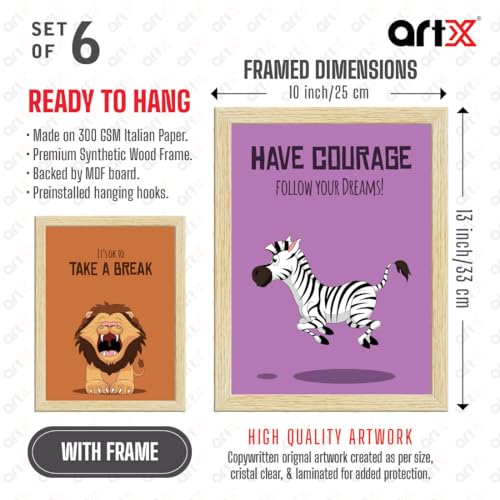 Image of ArtX Paper Cartoon Animals Motivational Quotes Wall Paintings For Kids Room, Funny Animals Kids Room Wall Frame, Decoration, A4 Size, Multicolor, Synthetic Wood, Set Of 6