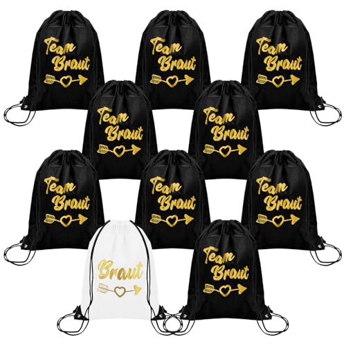 BORISCA 10 Stück Turnbeutel Jga Team Bride, 1 Weißes Team Bride Rucksack und 9 Schwarze Jga Frauen Turnbeutel mit Kordelzug, Bride Rucksack 34 * 42 cm für Junggesellinnenabschied und Hochzeitsfeier