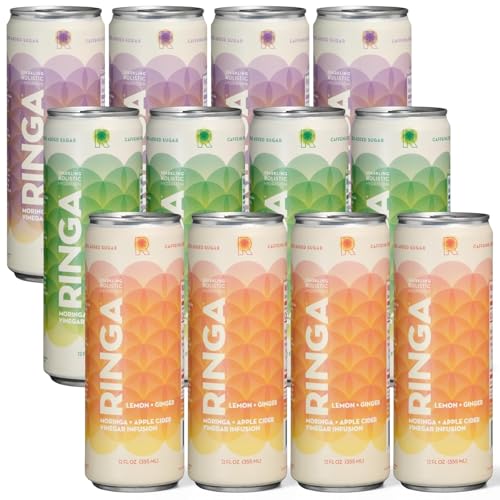 Image of RINGA Variety Pack Sparkling Hydration Drink - Cucumber Mint, Lavender Lemonade & Lemon Ginger - Organic Moringa + Apple Cider Vinegar with 3g Prebiotic Fiber - No Added Sugar, No Artificial or Natural Flavors - 12oz Cans (12 Pack)