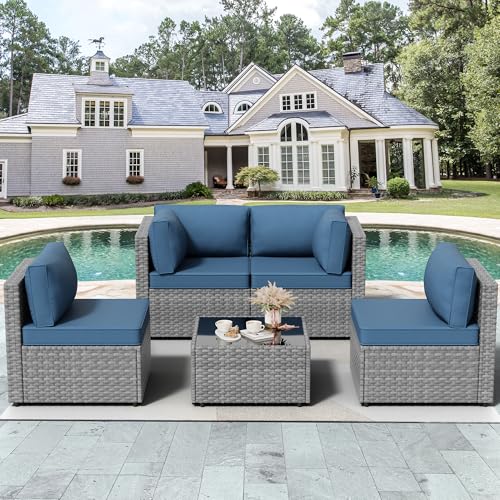 Image of Vongrasig 5 Pieces Outdoor Sectional Furniture, All-Weather Rattan Patio Furniture Set, Wicker Patio Sectional Couch with Cushion, Glass Table, Navy Blue