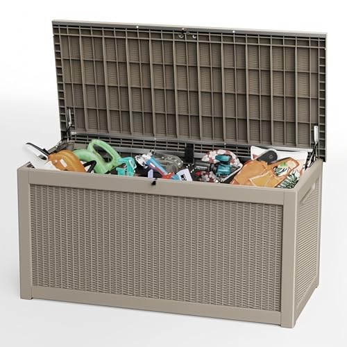 ComeWay 260 Gallon Deck Box Waterproof Resin Outdoor Storage Box with Lockable Lid Patio Storage Box with Fade Resistant for Patio Furniture Cushions Pool Accessories Garden Tools Light Coffee