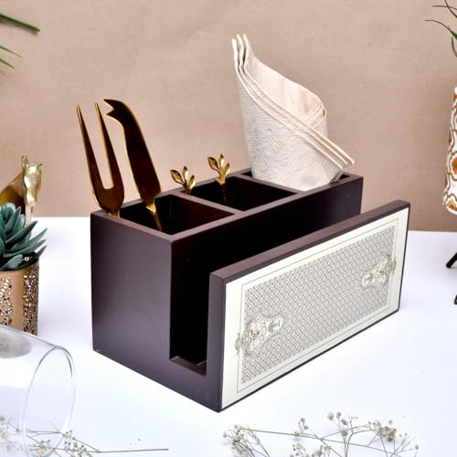 Image of Home Sparkle Engineered Wood Cutlery Holder with Napkin Rack - Multipurpose Spoon Stand & Kitchen Organizer Rack for Dining Table, Restaurant & Countertop - Brown Finish (B13V8)