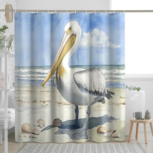 Funny Beach Pelicans Shower Curtain, Sea Ocean Coastal Seashells Shower Curtains for Bathroom, Bird Bath Pattern Decor Accessories Set -62'x72'