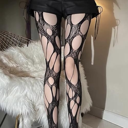 Halloween Ripped Fishnet Stockings for Women, Y2K High Waist Irregular Distressed Hole Mesh Tights Lace Sheer Pantyhose Stockings (Black)2