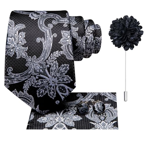 Image of Hi-Tie Men's Black and Silver Flower Tie Set Silk Jacquard Necktie Lapel Pin Pocket Square Cufflinks Sets Formal Business Wedding