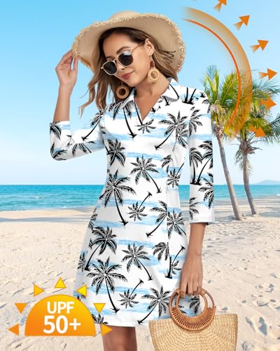 Image of WOWENY 3 /4 Sleeve Dress for Women with Pockets V Neck UPF 50+ Casual Sun Dress Breathable Quick Dry Beach Vacation