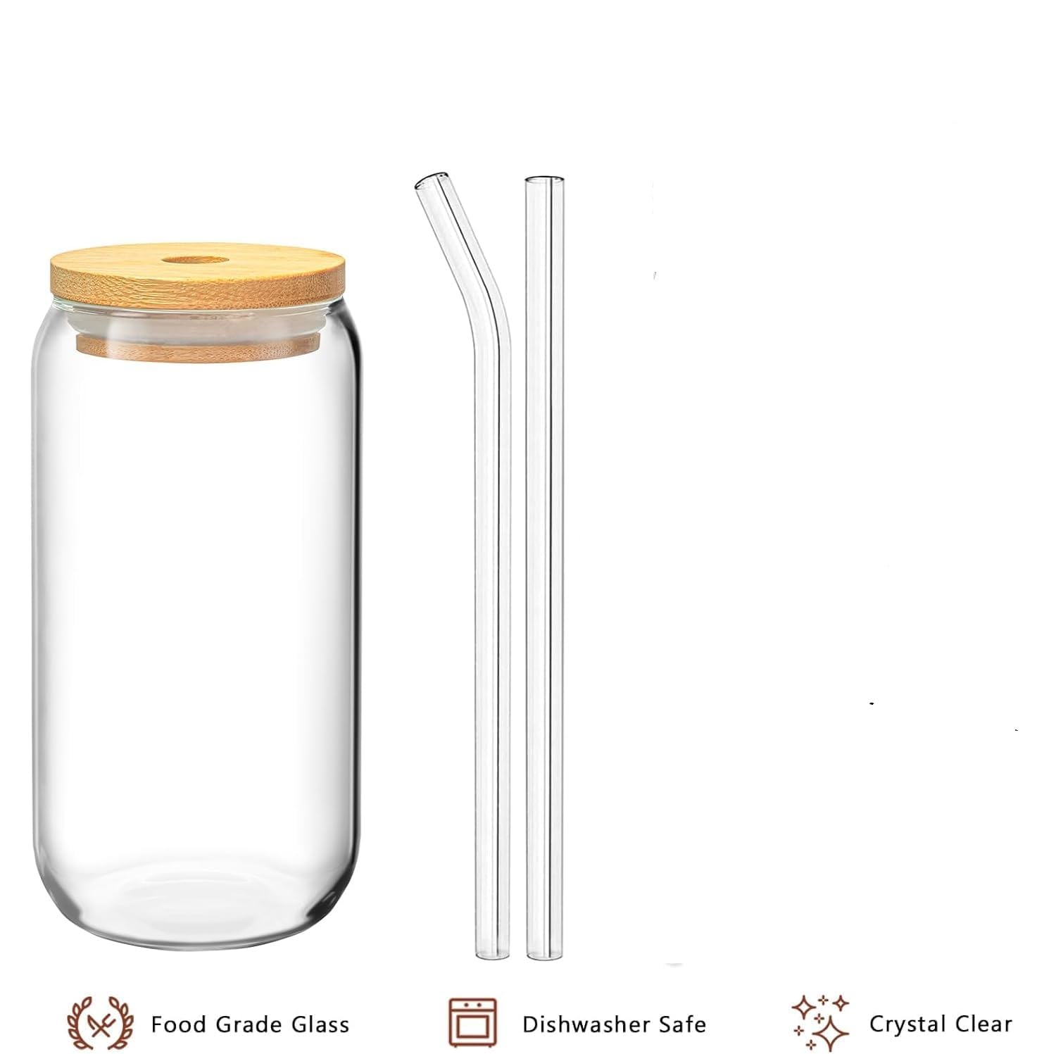 AR CLASSIC 550ml Buro Can Glass Wooden Lid Set of 6 Pcs Drinking Glasses with Glass Straw for Water, Juice, Iced Coffee, Soda, Cold Beverages 2