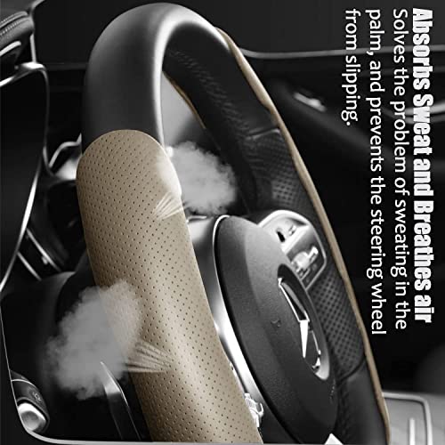 Image of AutoBizarre Car Anti Skid Non Slip Beige Leather Steering Wheel Grip Covers Decoration Universal for All Cars - Set of 2 pcs