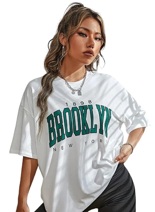 GenericMICROINFOTECH Women Brooklyn Printed Drop-Shoulder Sleeves Oversized Pure Cotton T-Shirt