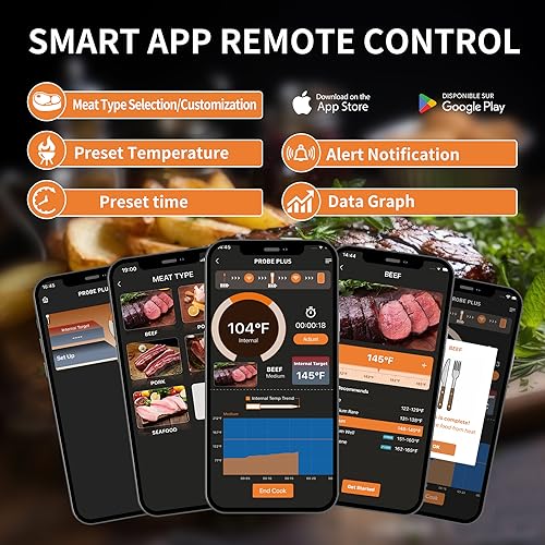 Rilitor wirklich drahtloses Fleisch Thermometer,Digital Bluetooth BBQ Thermometer mit 393FT/120M Bereich APP Steuerung,Wireless Fleisch Thermometer Probe für Ofen Grill Küche... – Bild 4