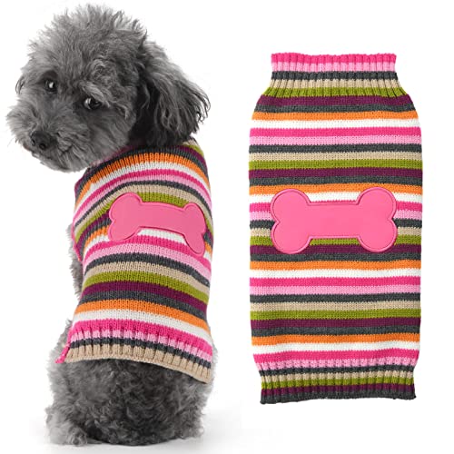 HRTTSY Weihnachtspullover für Hunde, niedlicher rosafarbener Knochen, Weihnachtspullover, Strickwaren, warme Welpenweste, Haustierkleidung für kleine und mittelgroße Hunde und Katzen (Pink, S) Cover