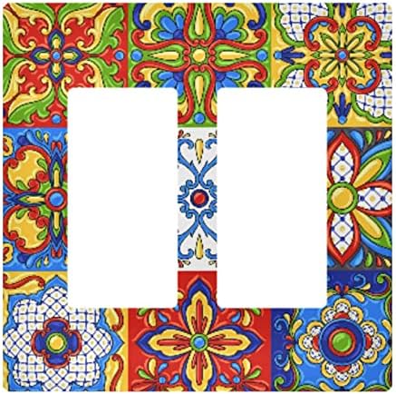 Mexican Talavera Tile Light Switch Cover Moroccan Ottoman Motifs Receptacle Outlet Wall Plate 2 Gang Screwless Decorator Wallplate Covers Home Decor H4.6xL4.7 inch