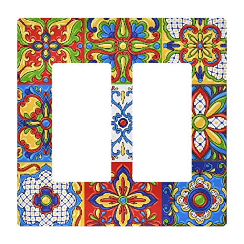 Mexican Talavera Tile Light Switch Cover Moroccan Ottoman Motifs Receptacle Outlet Wall Plate 2 Gang Screwless Decorator Wallplate Covers Home Decor H4.6Xl4.7 Inch #TOP17