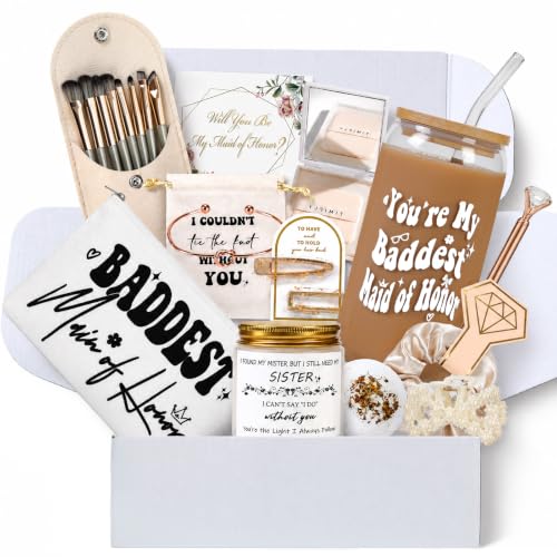 XGCYZYD Maid of Honor proposal gifts for will you be my Maid of Honor? boxWedding Complete Baddest MOH Set:16oz Tumbler Scented Candle Makeup Bag Bath Bomb Hair Clips