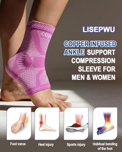 Image of LISEPWU Copper Ankle Brace, Copper Infused Ankle Support Compression Sleeve for Men & Women, for Foot Pain Relief, Sprained Recovery, Achilles Tendonitis, Daytime or Night Use(Purple M)